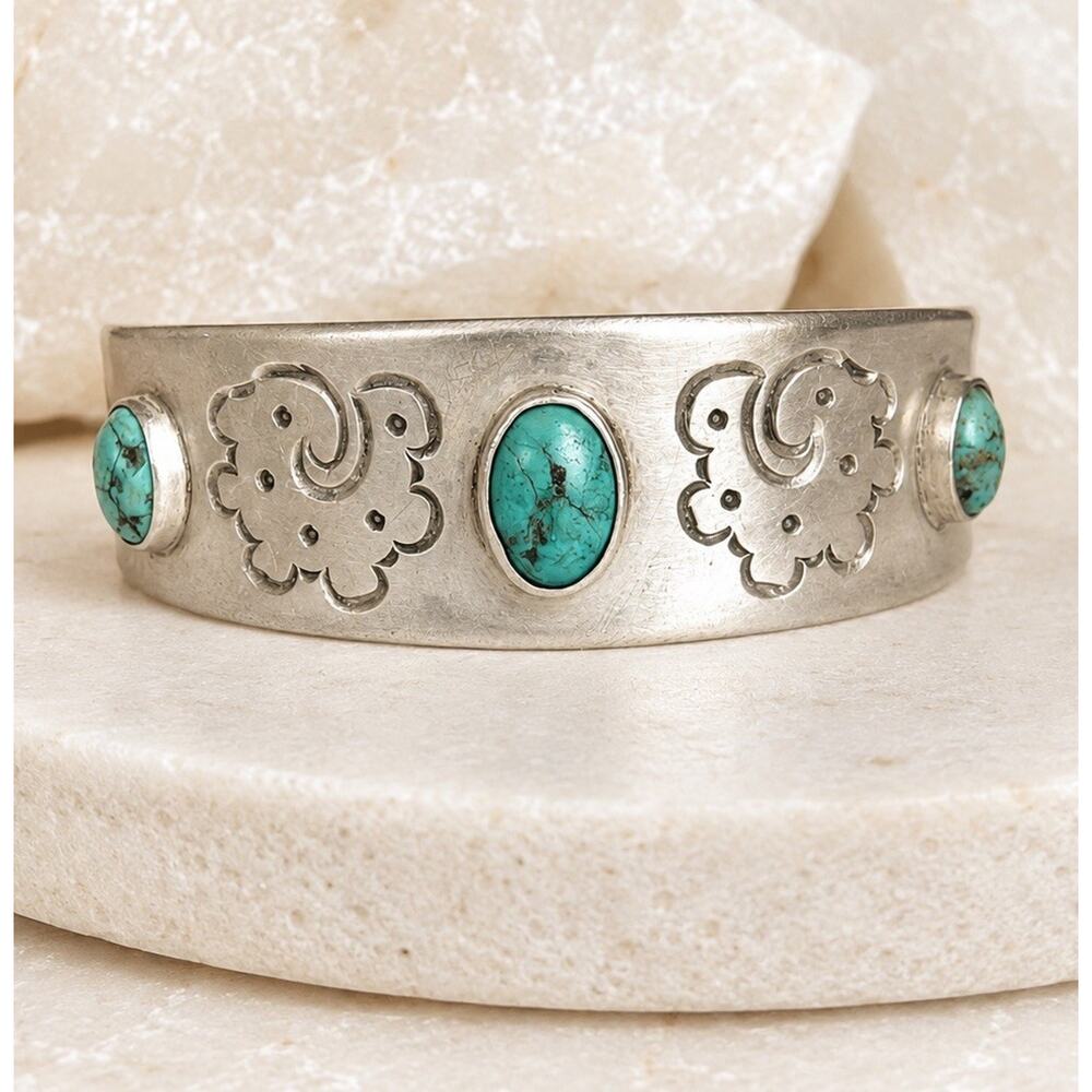 VTG Taxco 980 Silver Turquoise Cuff Bracelet Wide Heavy 34G Mexican Southwest